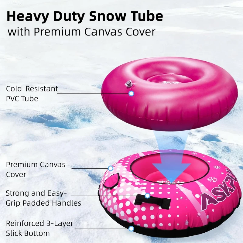 48"" Heavy-Duty Inflatable Snow Tube — Cold-Resistant with Canvas Cover, Padded Handles, Reinforced Bottom & Tow Rope, Ideal Winter Gift