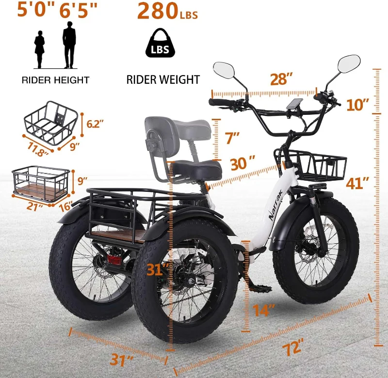 Narrak Folding Adult Electric Trike — 750W (Peak 1350W), 48V 13Ah UL Battery, 20x4"" Fat Tires, Rear Differential, Hydraulic Brakes, Foldable 3-Wheel Ebike