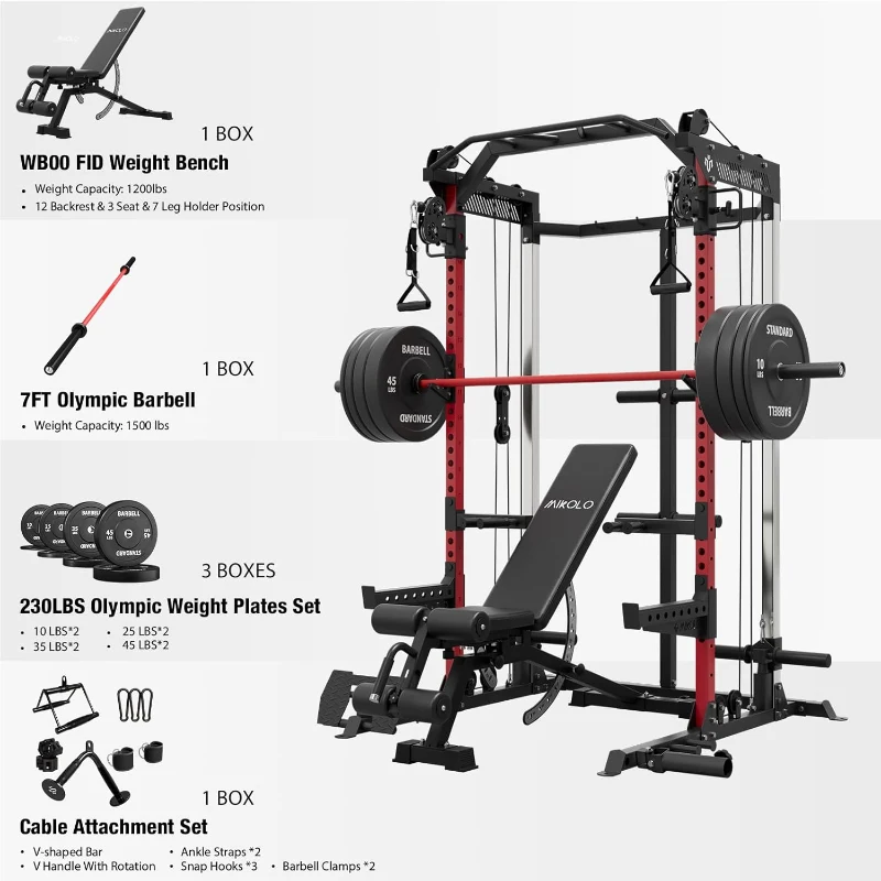 Mikolo HR05 Power Cage — 2000 lb Power Rack with Independent Dual 1:1 Pulley System & Multi-Function Cable Crossover