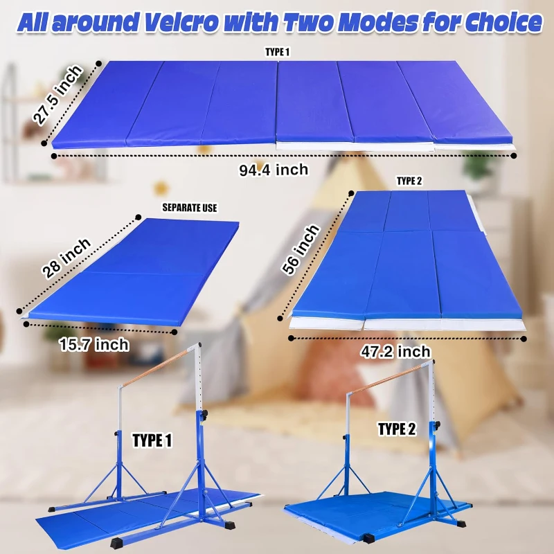 Adjustable Horizontal Gymnastics Bar 5FT/6FT for Kids (Ages 5-20) – 35.4""–59"" / 45""–71"" Height Options, 500 lb Capacity, Home Gym Equipment