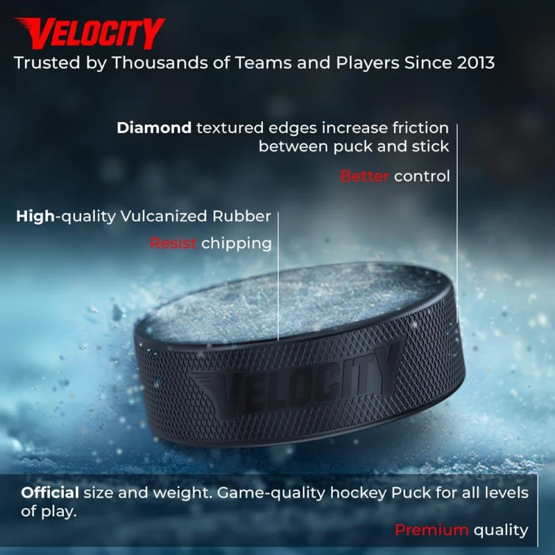 Velocity Hockey Pucks – Junior Lightweight, Senior Official & Heavyweight Training (Available in Packs of 5, 10, 25, 50 & 100)