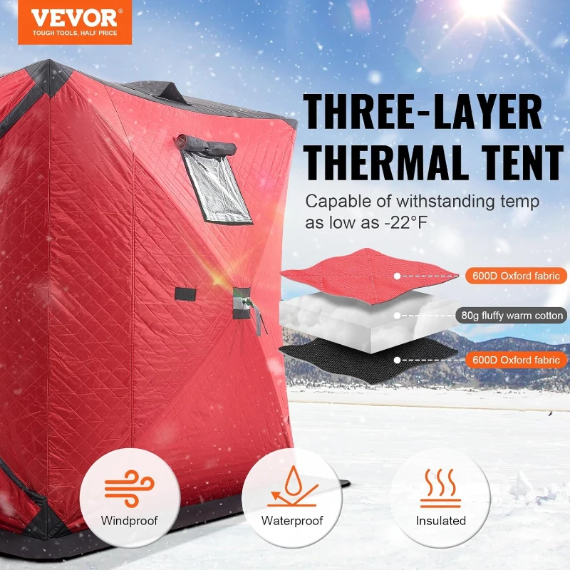 VEVOR Insulated Pop-Up Ice Fishing Tent – 600D High-Density Oxford, 80g Cotton Fill, Hub-Style Shelter for 1–8 Persons, Waterproof, Includes Anchors, Ropes & Carry Bag