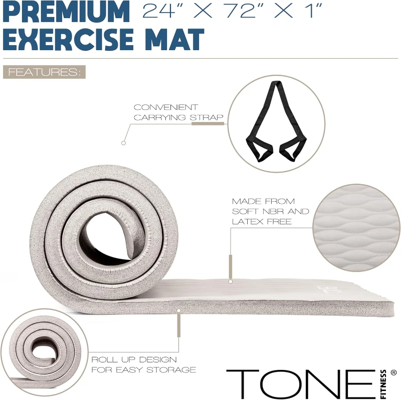 Tone Fitness 1-Inch NBR Foam Yoga Mat — Thick, Non-Slip Exercise Mat with Carry Strap for Pilates, Yoga & Home Workouts