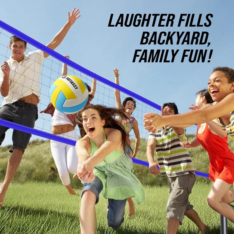 Patiassy Portable Heavy-Duty Outdoor Volleyball Net Set for Backyard and Beach – Adjustable Aluminum Poles with Winch, Steel Stakes, Anti-Sag Design, Pump & 1680D Carry Bag