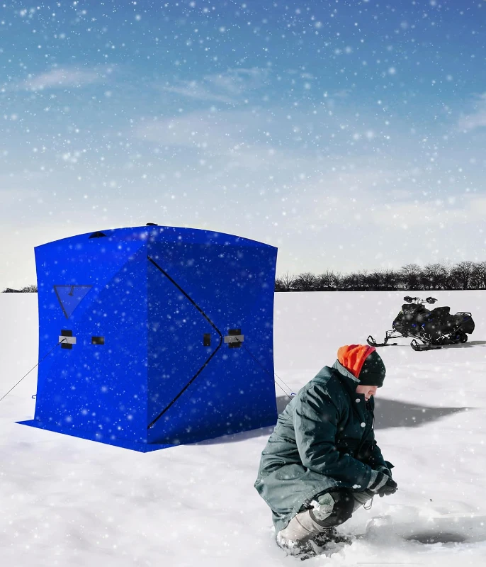 Pop-Up Portable Ice Fishing Shelter — Roomy 3–4 Person Winter Tent, Durable Weather-Resistant, Lightweight Easy Setup (Red/Blue)
