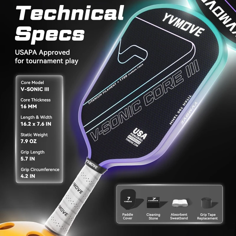 Pickleball Paddle for Advanced Players | Titanium-Carbon Hybrid Face | V-SONIC IV 16mm Core | Mid-Weight, Extended Grip | Large Sweet Spot | USAPA Approved