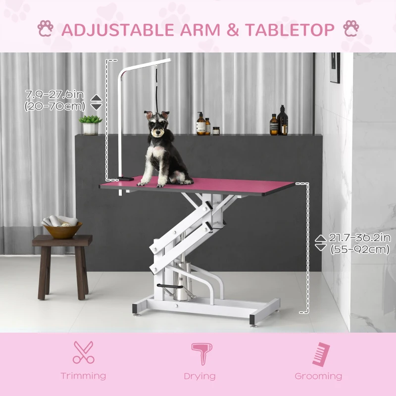 PawHut Pet Grooming Table, Height Adjustable Dog Grooming Table with Arm, Noose and Non-Slip Grooming Table, Pink
