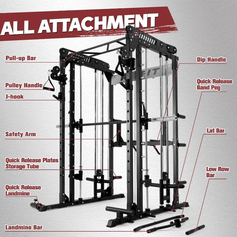 RitFit M1 / M1 Pro Smith Machine with Cable Crossover — Multi-Function Squat Rack Power Cage Package (Bench + 370 lb Bumpers + Accessories)