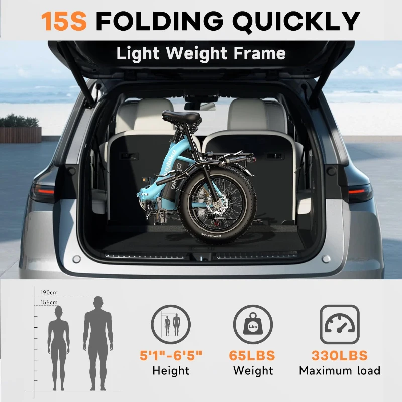 1000W Foldable Electric Bike – 48V 20Ah Removable Battery, 30+ MPH, Up to 80-Mile Range, 20"" Fat Tire Foldable E-Bike for Adults (Commute/Beach/Snow)