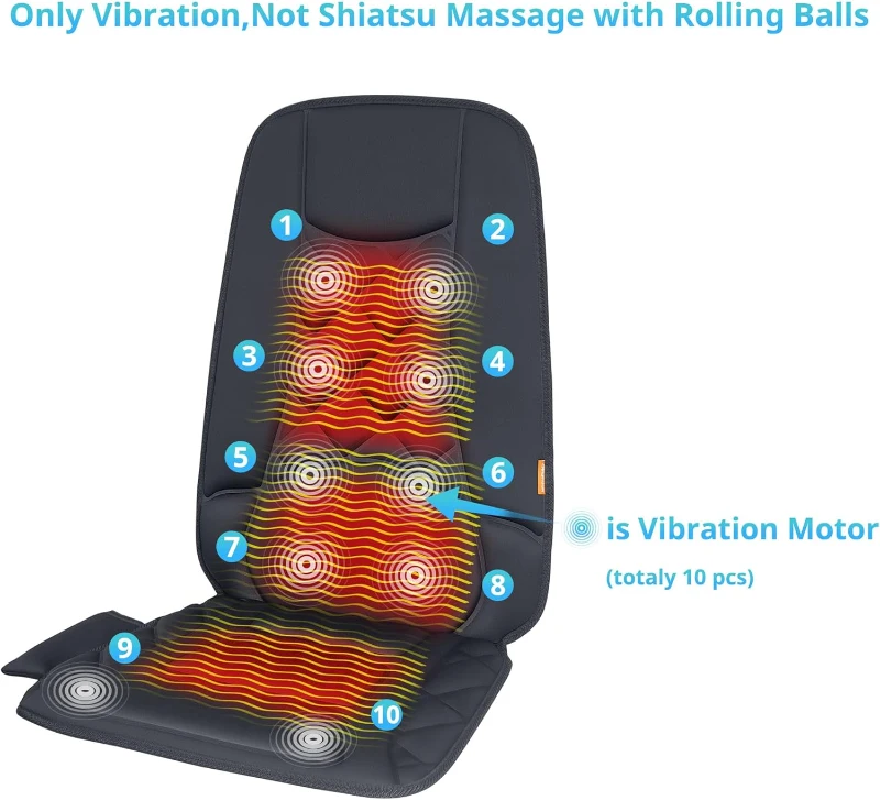 10-Motor Heated Vibration Seat Cushion — Back Massager Chair Pad with Heat, 10 Vibration Motors for Comfort and Pain Relief — Home & Office Use