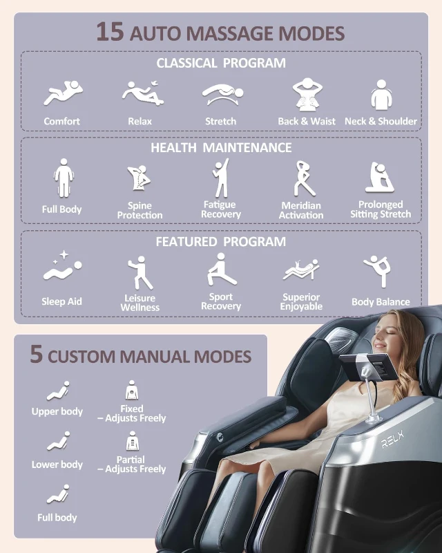 RELX 2026 Full-Body Massage Chair, 20 Modes Zero Gravity SL-Track Shiatsu with Built-in Heat, Airbag Body Scan, Deep Yoga Stretch, Extendable Calfrest and AI Voice Control (Black)