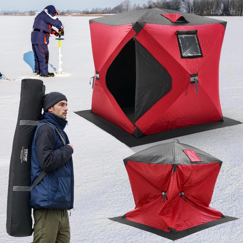 VEVOR Insulated Pop-Up Ice Fishing Tent – 600D Oxford, 80g Insulation, Hub-Style Portable Shelter for 1–8 People, Waterproof, Includes Anchors, Ropes & Carry Bag