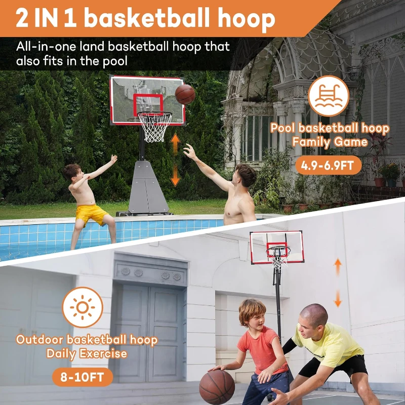 Aimking Outdoor Basketball Hoop System with 44"" Shatterproof PC Backboard, Height Adjustable 4.8–10 FT Portable Goal for Youth/Teens/Adults (Indoor/Outdoor/Pool)