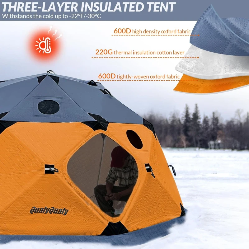 QualyQualy Pop-Up Insulated Ice Fishing Tent with Floor, 8–10 Person, 147 sq ft, Stove Jack