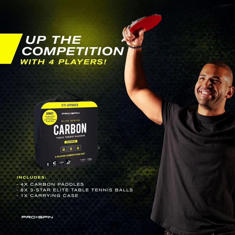 PRO-SPIN Carbon Control Table Tennis Rackets (4-Pack) - ITTF-Approved Rubber, 7-Ply Blade with Carbon, 2.0mm Sponge