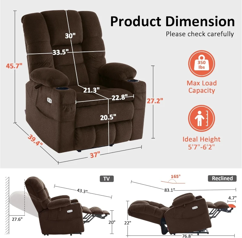 MCombo Large Triple-Motor Power Lift Recliner for Tall Seniors with Massage & Dual-Zone Heating, Adjustable Headrest — Fabric 7634 (Coffee, Large)
