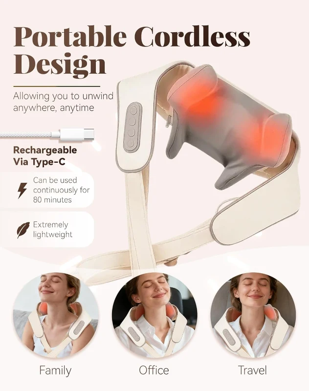 HVZZ 6D Shiatsu Neck & Shoulder Massager with Heat – Portable Rechargeable Deep Tissue Neck and Back Massager (Beige)