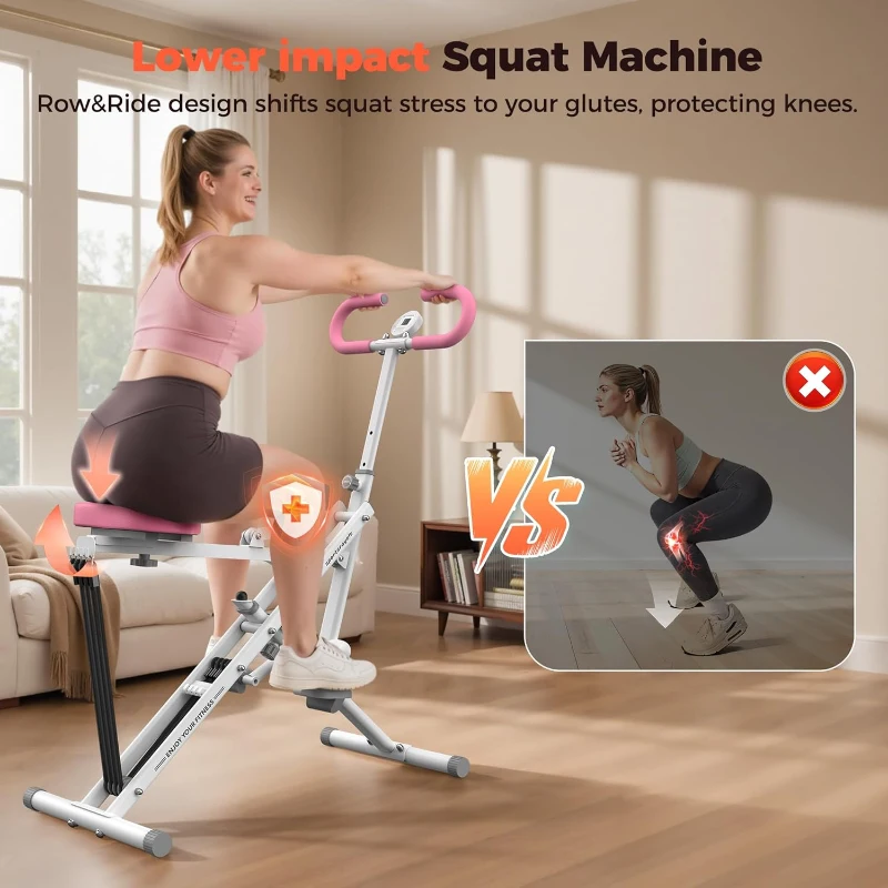 Sportsroyals Home Squat Machine – Foldable Ride & Row Trainer with Adjustable Resistance (0–100 lbs x4 Bands), Multi-Function for Glutes, Thighs, Abs & Back, 350 lb Capacity