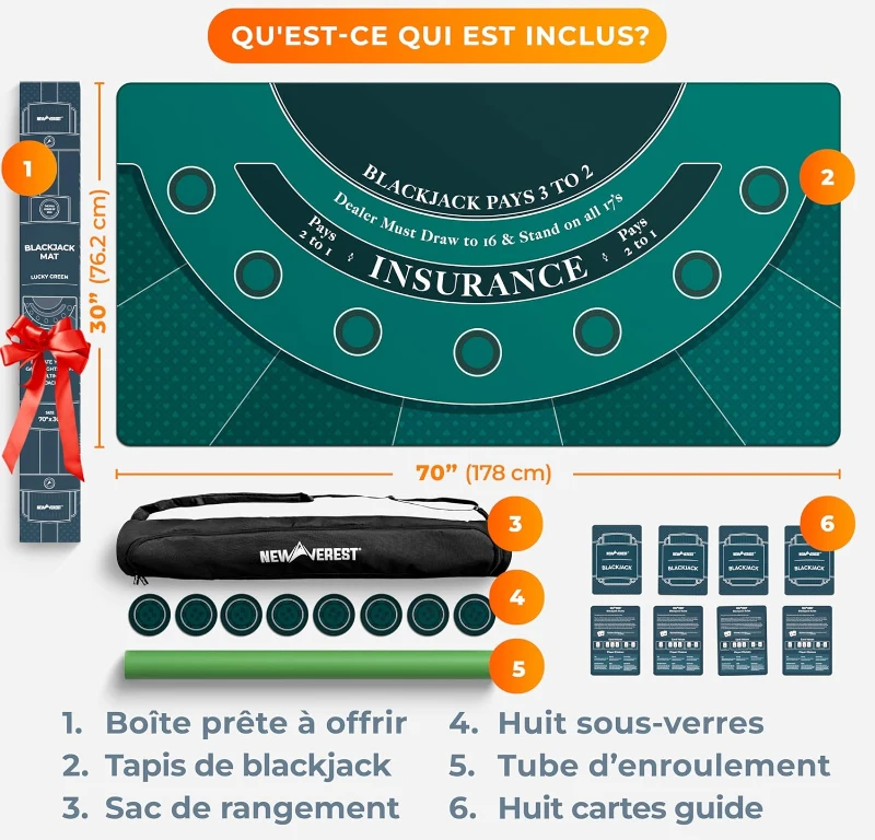 Newverest 70"" x 35"" Blackjack Table Top – Casino-Style Poker Mat for Home Game Nights, Zipper Storage Bag with 8 Coasters in Gift-Ready Box