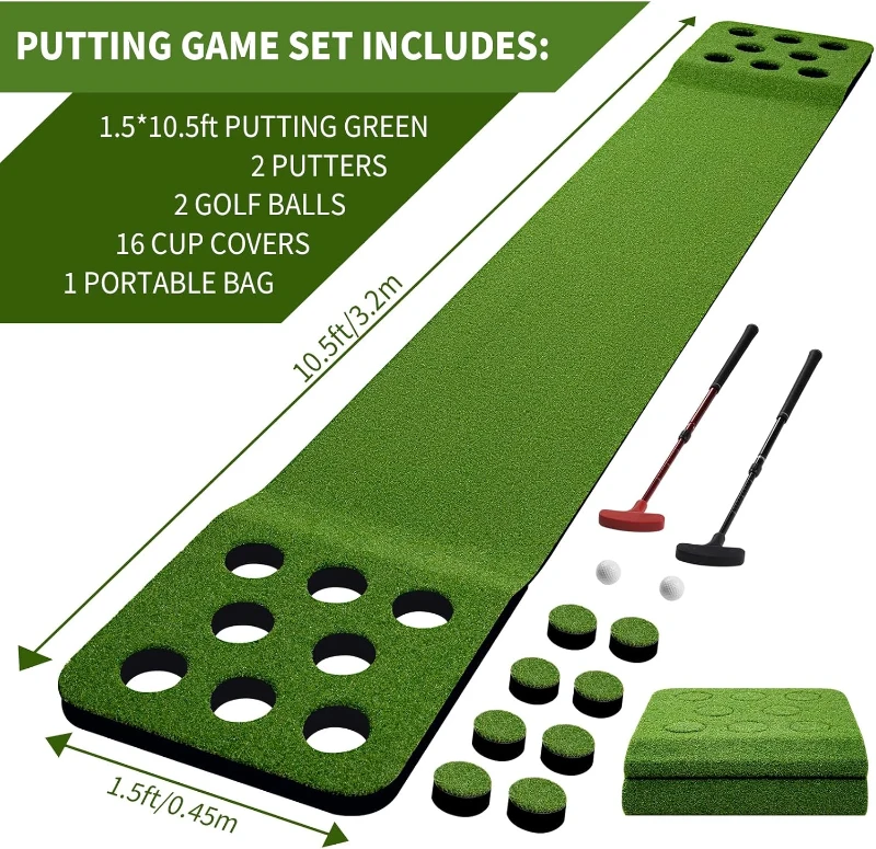 Wekin Indoor Putting Green Mat with 2 Adjustable Putters, 2 Balls & 16 Hole Covers — 10.5 ft Golf Training Mat, Portable Game Set, Great Gift for Men
