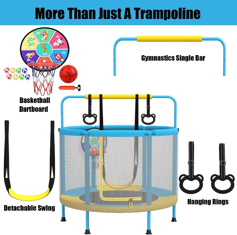 LANGXUN 60-inch Kids Trampoline (5 ft) 6-in-1 Indoor/Outdoor with Swing, Basketball Hoop, Dartboard & Rings — Birthday/Christmas Gift for Boys & Girls