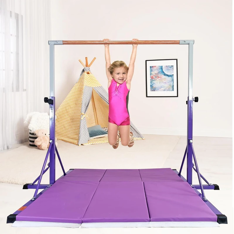 5FT/6FT Kids Adjustable Gymnastics Bar – Horizontal Training Bar for Ages 5–20, Height Range 35.4""–59"" / 45""–71"", 500 lb Max, Home Use