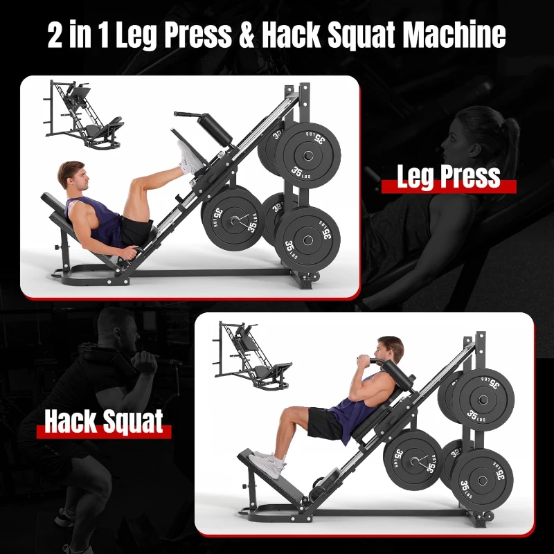 Dripex 2-in-1 Leg Press & Hack Squat Machine for Home Gym, 45° Combo with 4 Weight Plate Storage Posts — Plates Not Included
