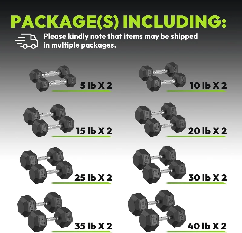 Hex Rubber-Encased Dumbbell Pairs (5–40 lb) — Solid Cast Iron Home Gym Hand Weights for Strength & Muscle Training