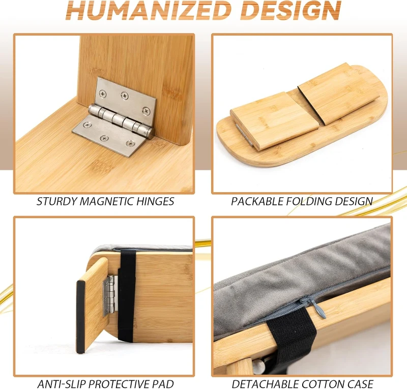 Bamboo Folding Meditation Bench Stool with Cushion — Seiza Kneeling Prayer Bench (Grey)