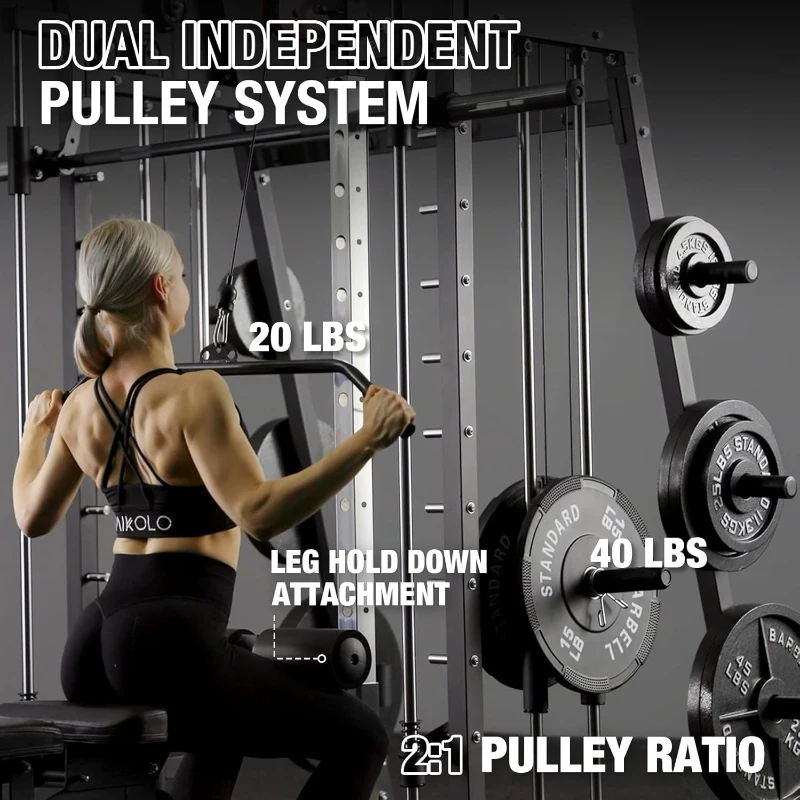 Mikolo M4 Smith Machine 2200 lb Squat Rack with Lat Pulldown, Cable Crossover & Leg Hold-Down Attachment