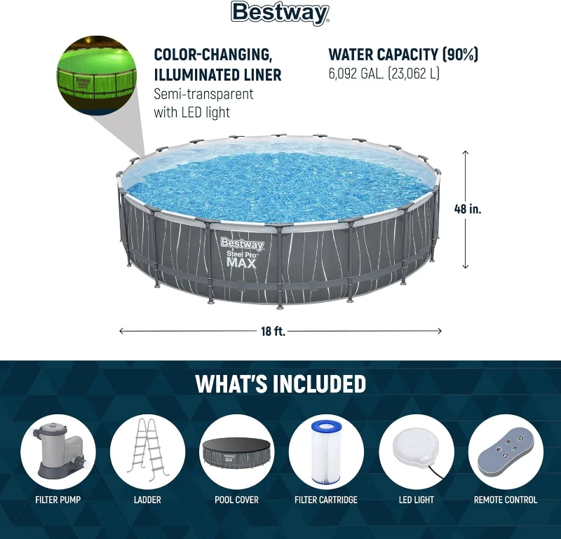 Bestway Steel Pro MAX 18' x 48"" Metal Frame Above-Ground Round Pool Set with LED Light & Remote, Ladder, Cover and 1500 GPH Filter Pump