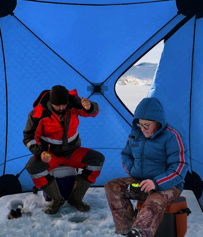 Pop-Up Portable Ice Fishing Shelter — Roomy 3–4 Person Winter Tent, Durable Weather-Resistant, Lightweight Easy Setup (Red/Blue)