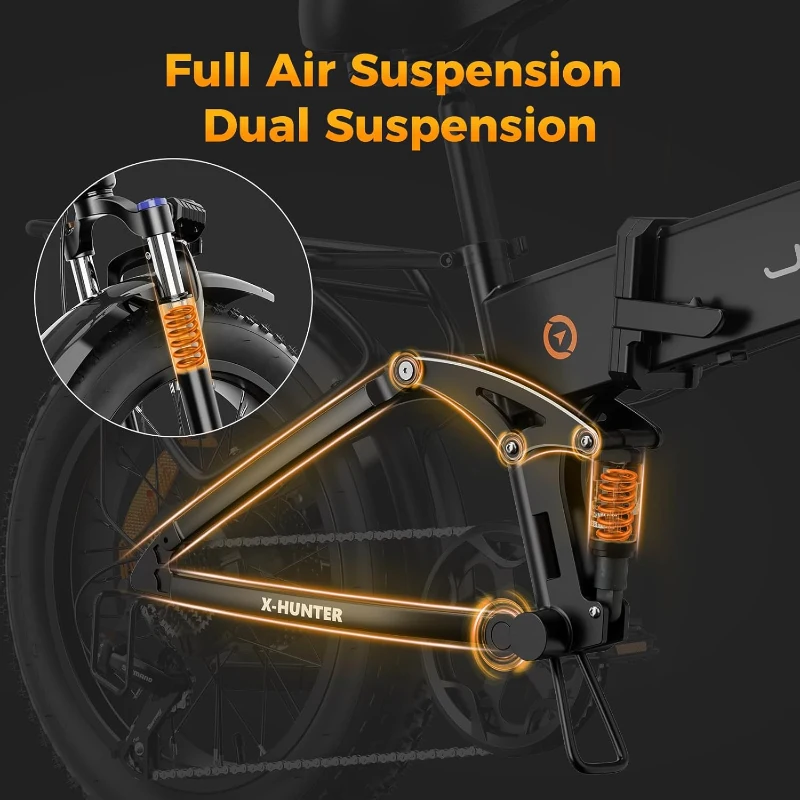 Jasion X-Hunter Foldable Electric Bike — 1400W Peak Motor, 624Wh Removable Battery, 20x4"" Fat Tires, Full Suspension, 7-Speed, 30 MPH, 70+ Mile Range