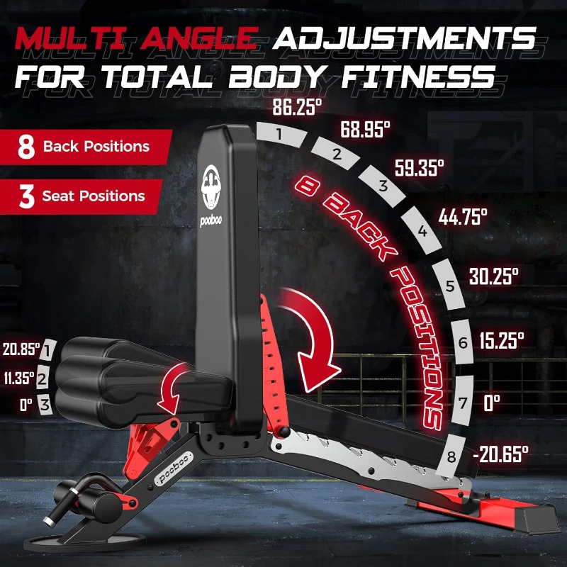 Pooboo Adjustable Weight Bench — Heavy-Duty Strength Training Bench, Flat/Incline/Decline, 1500 lb Capacity