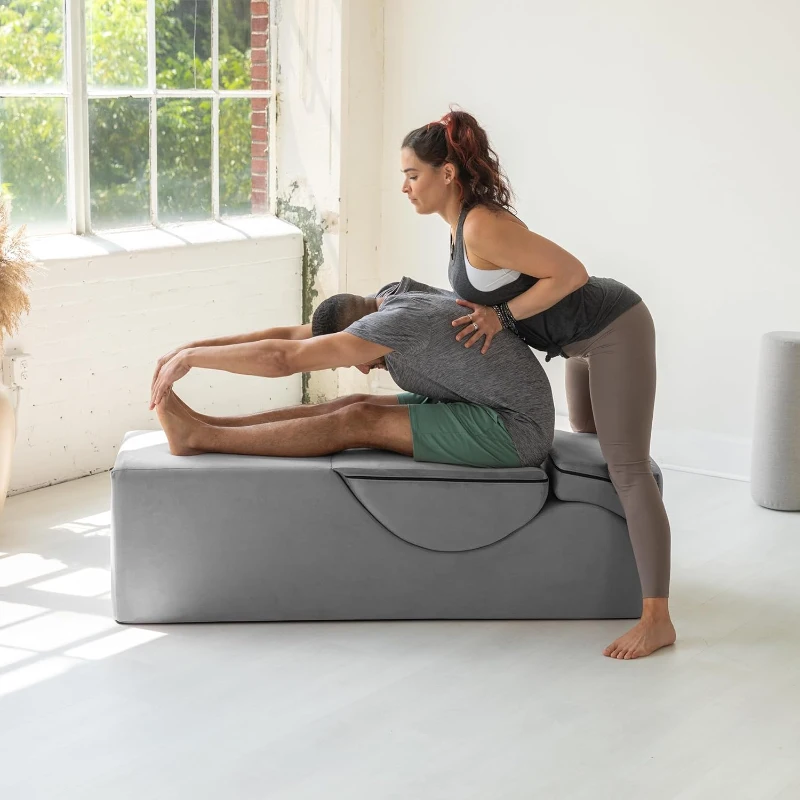 Avana Kami Convertible Chaise-to-Bed Ottoman — 2-in-1 Fold-Out Yoga & Massage Lounge, Microvelvet Grey, 22 in Wide