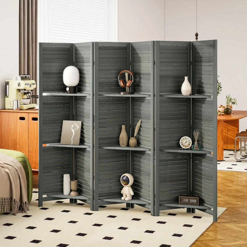 HOMCOM 6 Panel 67" Tall Wood Privacy Screen Room Divider with 3 Shelves and Folding Storage for Bedroom, Gray