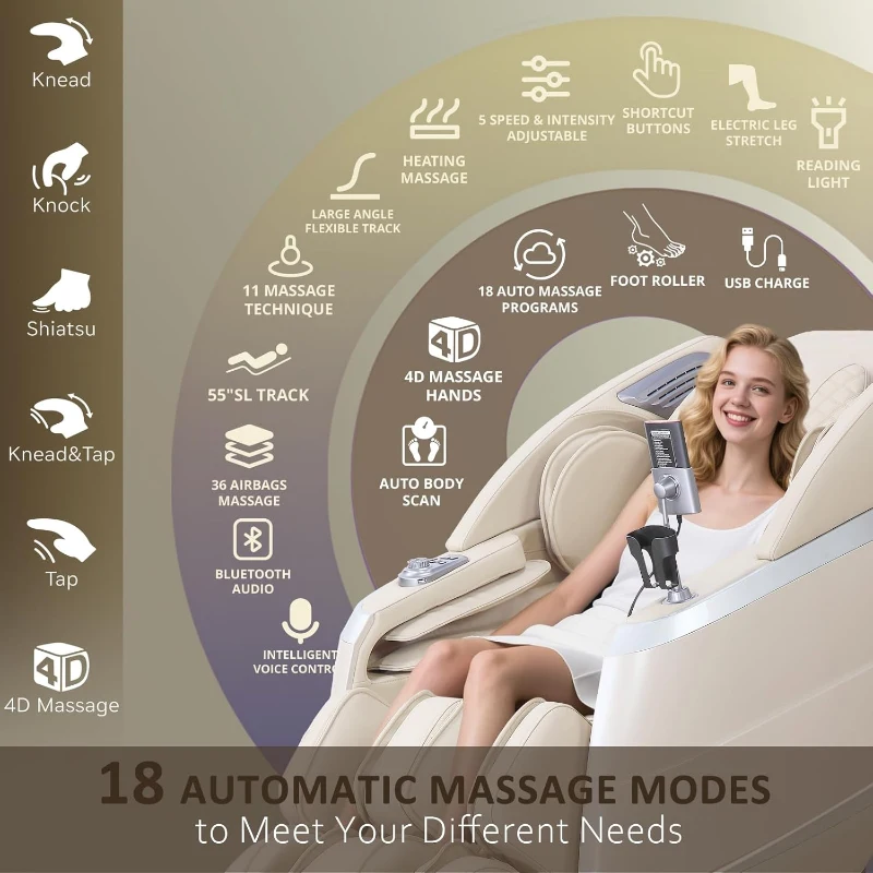 4D Zero Gravity Massage Chair – Beige, 55"" SL-Track Full-Body Shiatsu Recliner with Body Scan, Deep Tissue Knead, Heating, 36 Airbags & Voice Control (18 Auto Modes, 11 Techniques)
