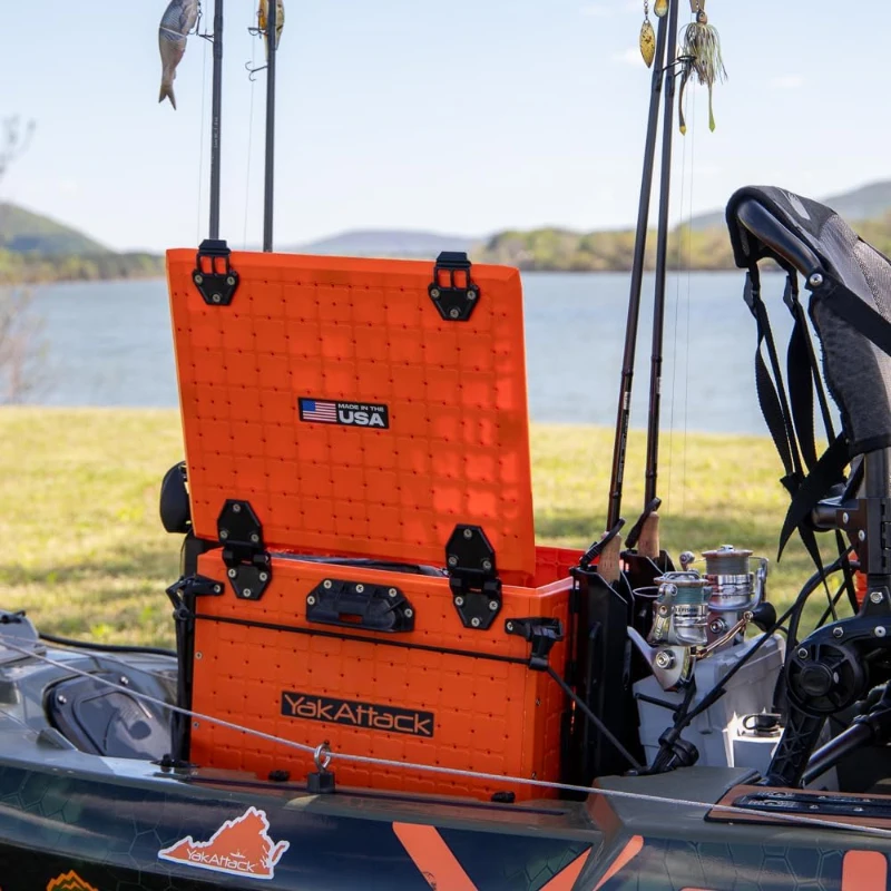 YakAttack BlackPak Pro 13in x 16in Kayak Fishing Crate – Orange, 4 TetherTube Rod Holders | Lightweight Durable Customizable (Made in USA)