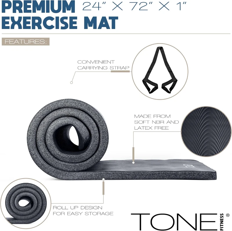 Tone Fitness 1-Inch Thick Yoga Mat | High-Density Non-Slip Exercise Mat with Carry Strap (24"" x 72"")