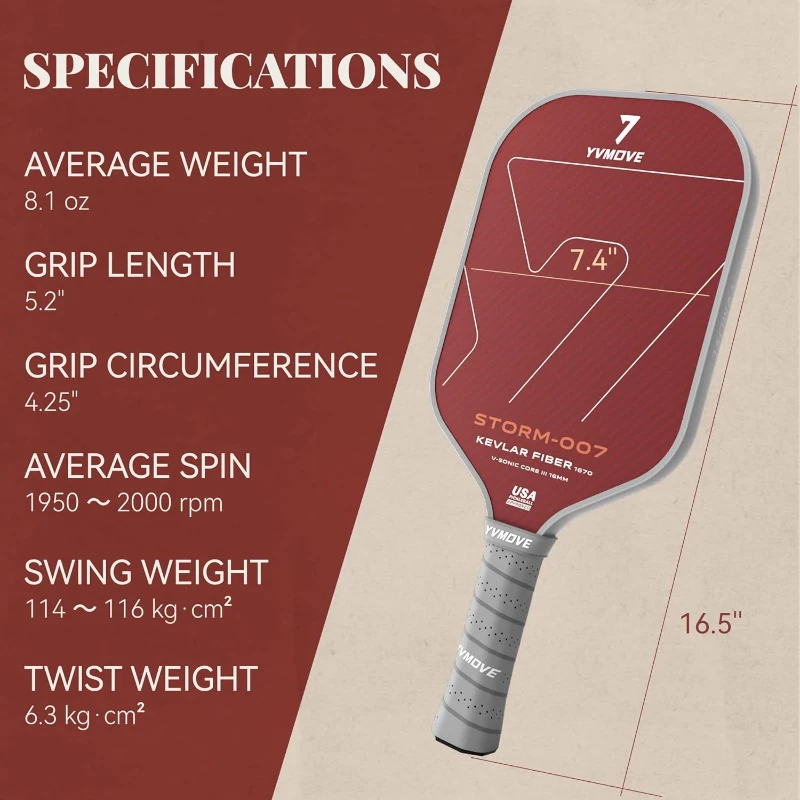 YVMOVE STORM 007 Pickleball Paddle - Hybrid Kevlar/Carbon Face, Thermoformed One-Piece Body, 16mm Polymer Core (8.1 oz)