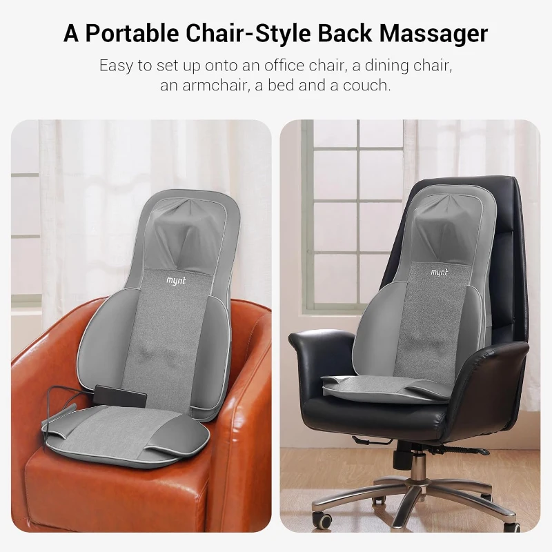 Mynt 2D & 3D Shiatsu Neck and Back Massager Pad — 10 Deep Kneading Nodes, Adjustable Height, Heat, Spot & Demo Modes — Portable Gray Chair Massage Cushion