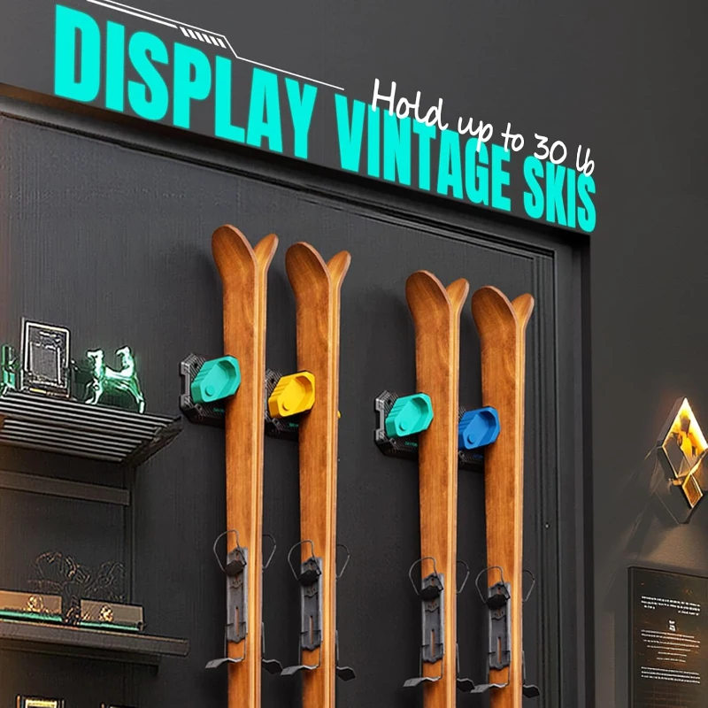 Skifavs Ski & Snowboard Wall Rack for Garage Wall — Universal Fit, Damage-Free Storage Rack, Green (4-Pack)