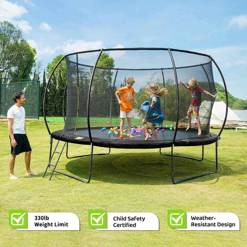 GIGU Recreational Trampoline (10FT–16FT) with Safety Enclosure, Ladder and Anti-Rust Frame — ASTM F381-16 Compliant Outdoor Trampoline for Families