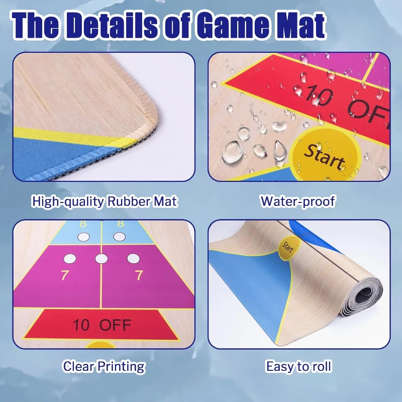 3-in-1 Shuffleboard, Curling & Bowling Board Game Set with 11.8 ft Mat, 2 Cues, 8 Rocks & 6 Pins - Family Fun