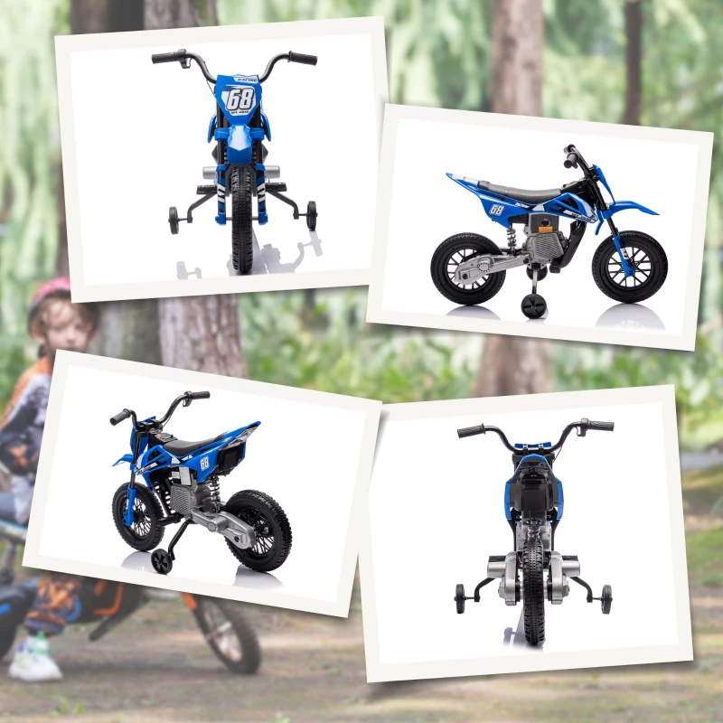 Qaba 12V Kids Dirt Bike, Electric Motorcycle with Twist Grip Throttle, Training Wheels, Rear Suspension & Music, Blue