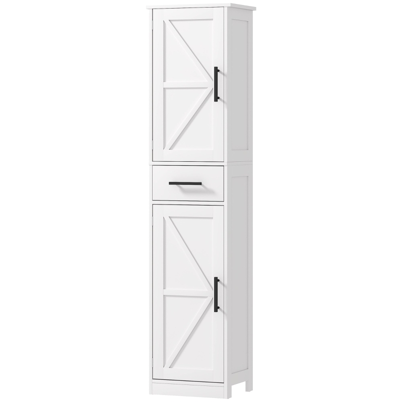 HOMCOM Farmhouse Linen Closet with Drawer, 67" Tall Bathroom Storage Cabinet with Barn Doors and Adjustable Shelves, White