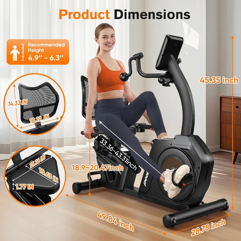 pooboo Recumbent Magnetic Exercise Bike with Hand-Crank Arm Trainer, Ergonomic Mesh Backrest, Smart App & Pulse Monitor, 400 lb Capacity