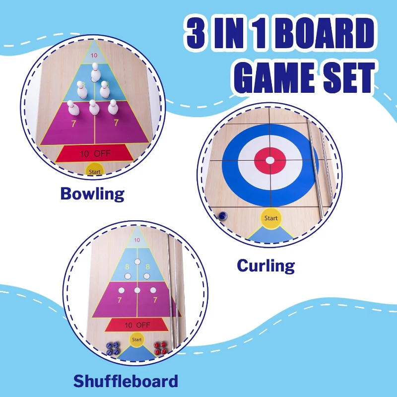 3-in-1 Shuffleboard, Curling & Bowling Board Game Set with 11.8 ft Mat, 2 Cues, 8 Rocks & 6 Pins - Family Fun