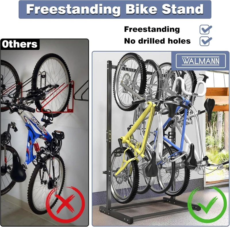 WALMANN Freestanding 4-Bike Floor Stand for Garage - Heavy-Duty Vertical Bike Storage with Welded Hooks