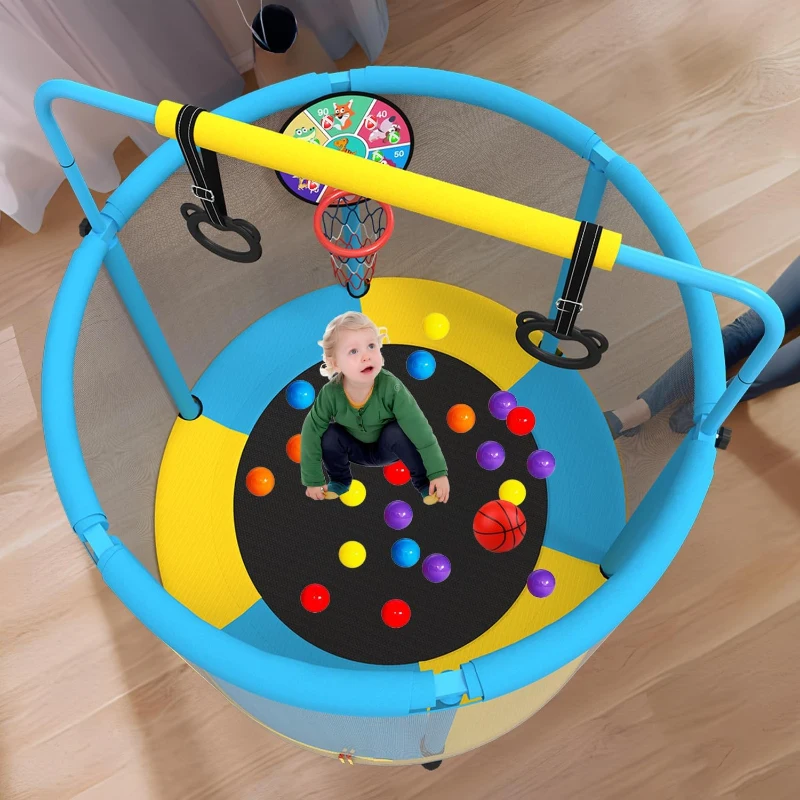 LANGXUN 60-inch Kids Trampoline (5 ft) 6-in-1 Indoor/Outdoor with Swing, Basketball Hoop, Dartboard & Rings — Birthday/Christmas Gift for Boys & Girls